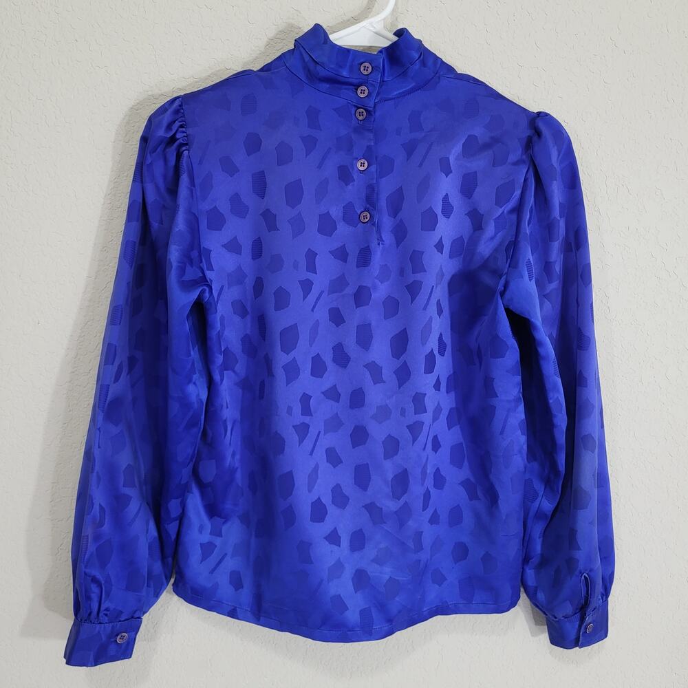 Vintage Blouse Petite Impressions Women  XS  Blue Jacquard Long Sleeve High Neck - Picture 2 of 11